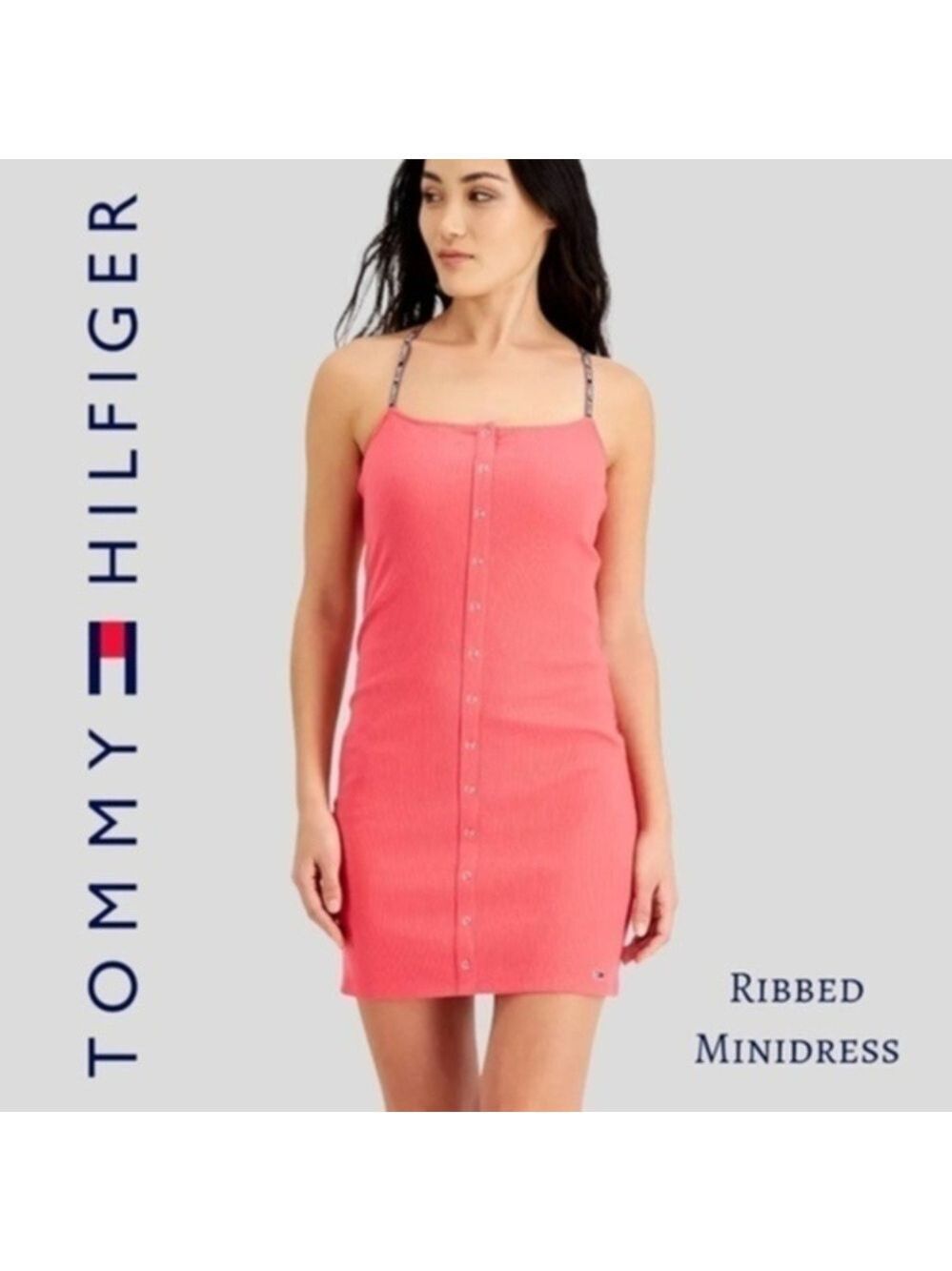 TOMMY HILFIGER NWT Ribbed Sleeveless/Logo Strap Fitted Mini Dress/LG